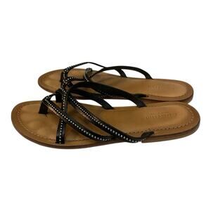 Garnet Hill Studded Leather Thong Sandals Size 7 Black Strappy Flat Boho Casual